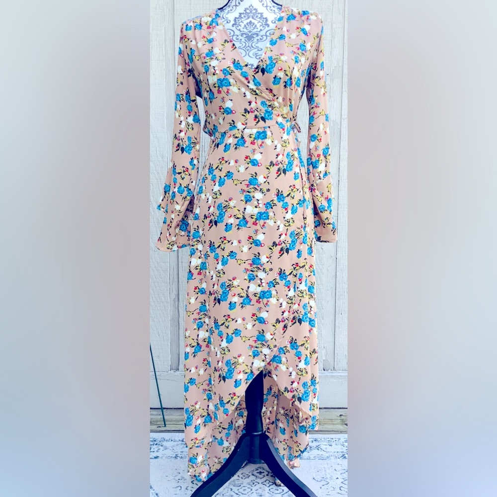 Beige blue flowered dress with cross- tie dress